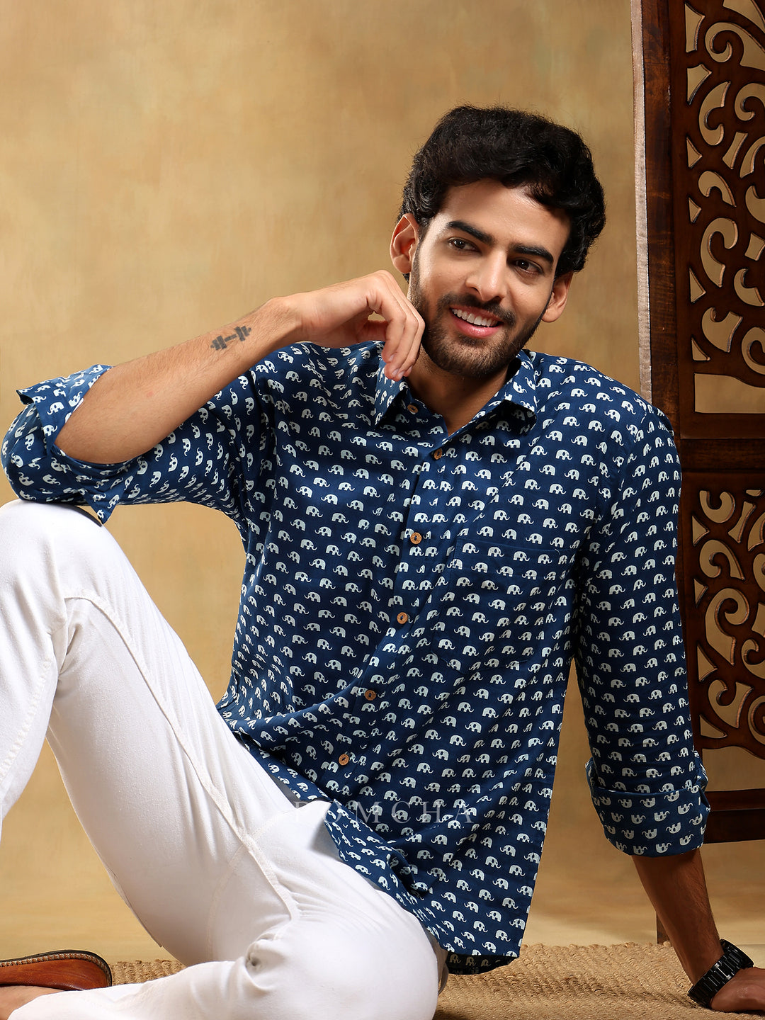 MADKAL BLUE COTTON HAND BLOCK SHIRT