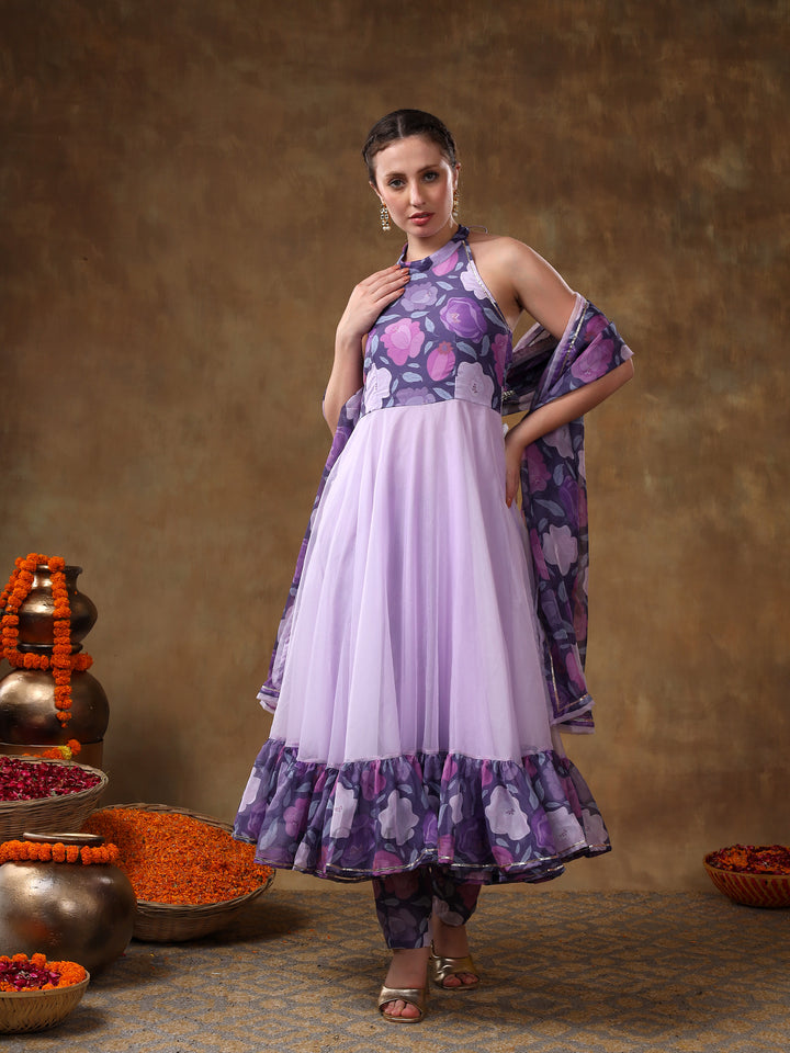 MERAKI VEENA LAVENDER MUSLIN ANARKALI WITH ORGANZA DUPATTA