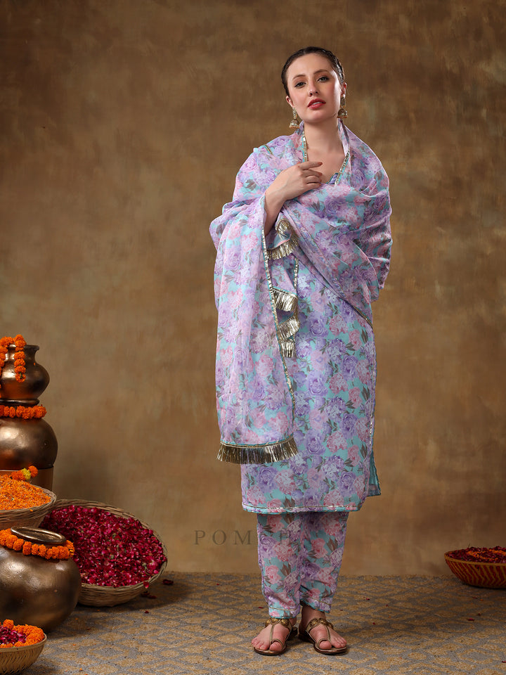 MERAKI JIYA LAVENDER FLORAL KURTA SET WITH ORGANZA DUPATTA