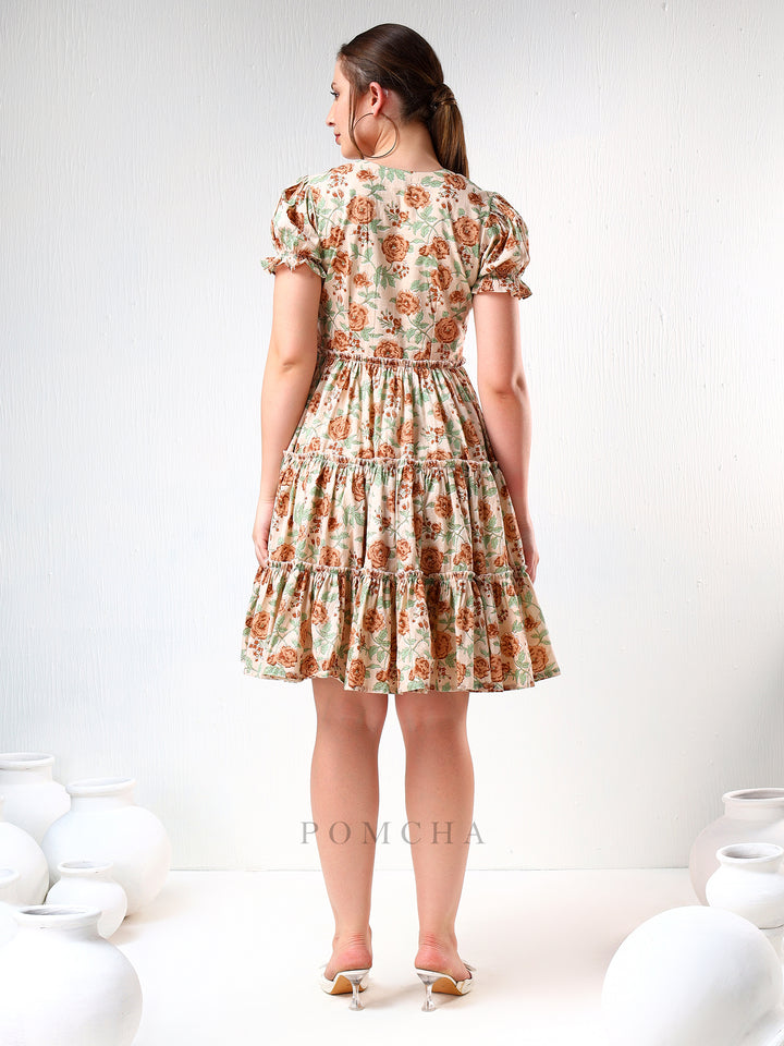 SADABHAR LIGHT BROWN FLORAL PRINT COTTON TIERED DRESS