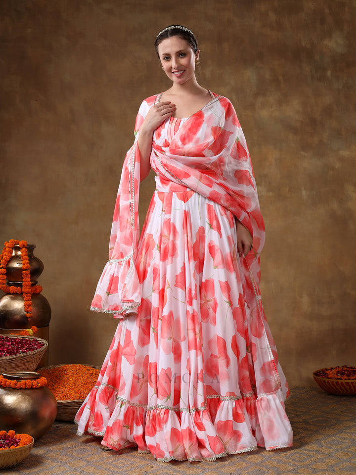 MERAKI ORANGE FLOWER PRINTED MUSLIN GOTTA LACE WORK LEHENGA WITH ORGANZA DUPATTA