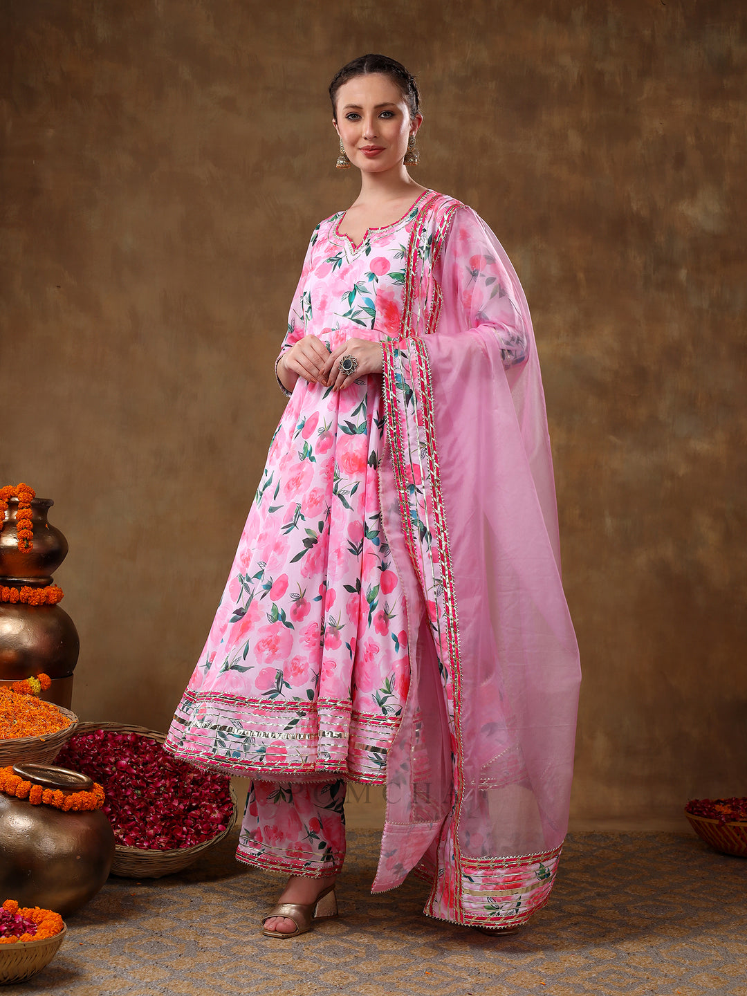 MERAKI NOOR PINK FLORAL MUSLIN GOTTA WORK ANARKALI SET WITH ORGANZA DUPATTA