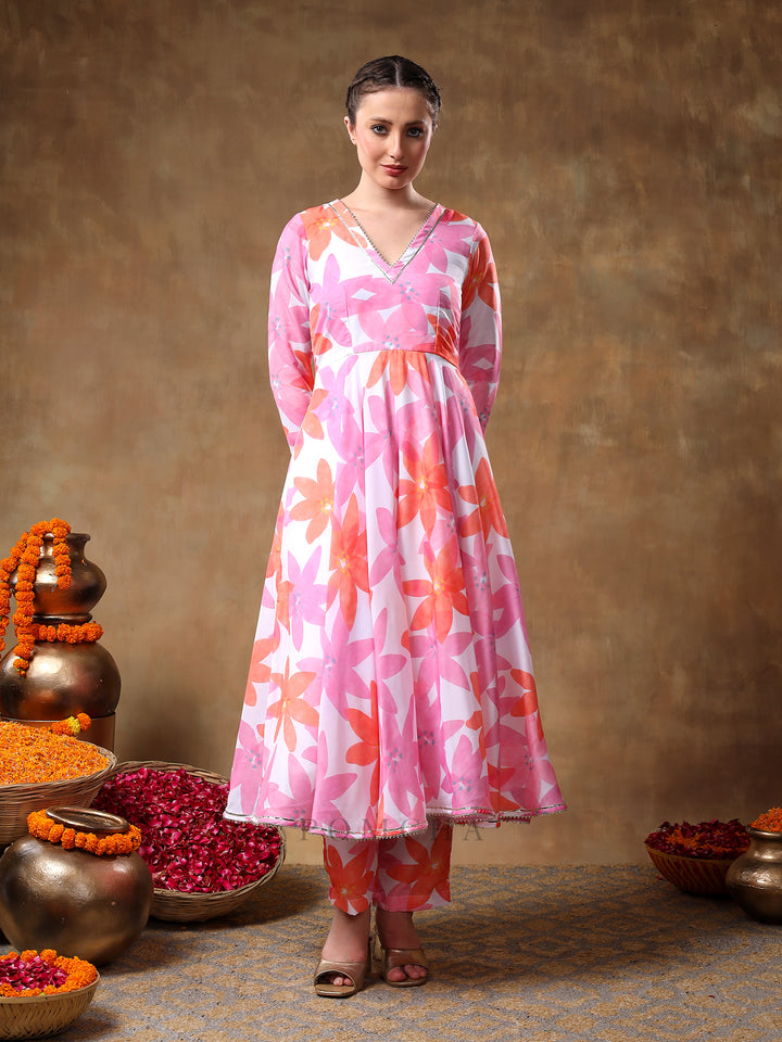 MERAKI PINK FLORAL MUSLIN ANARKALI SET  WITH ORGANZA DUPATTA