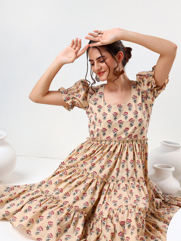 SADABHAR SAND FLORAL PRINT COTTON TIERED DRESS