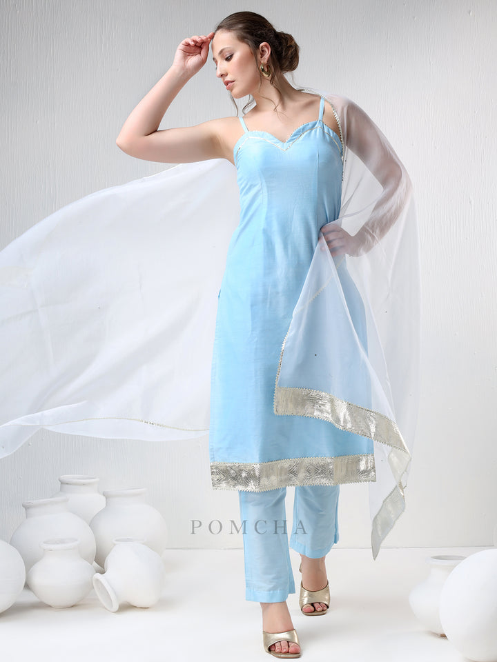 SADABHAR AQUA BLUE COTTON SILK SUIT SET