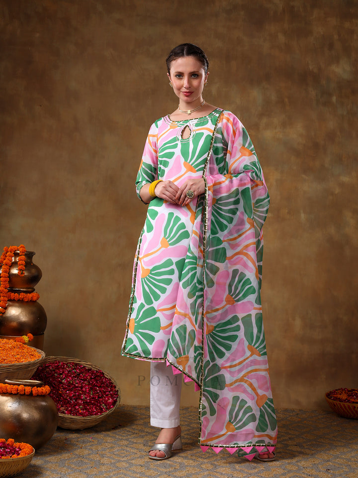 MERAKI OMERA PINK FLORAL PRINT MUSLIN KURTA SET WITH ORGANZA DUPATTA