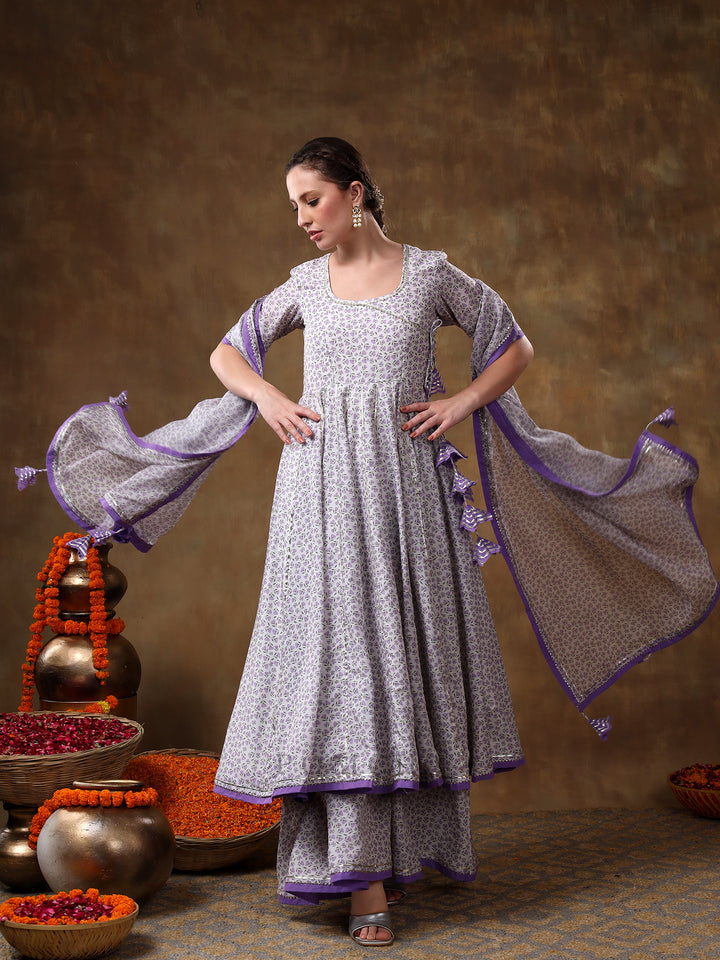 MERAKI ZEENAT LAVENDER FLORAL PRINT MUSLIN ANGRAKHA  AND PLAZO SET WITH ORGANZA DUPATTA