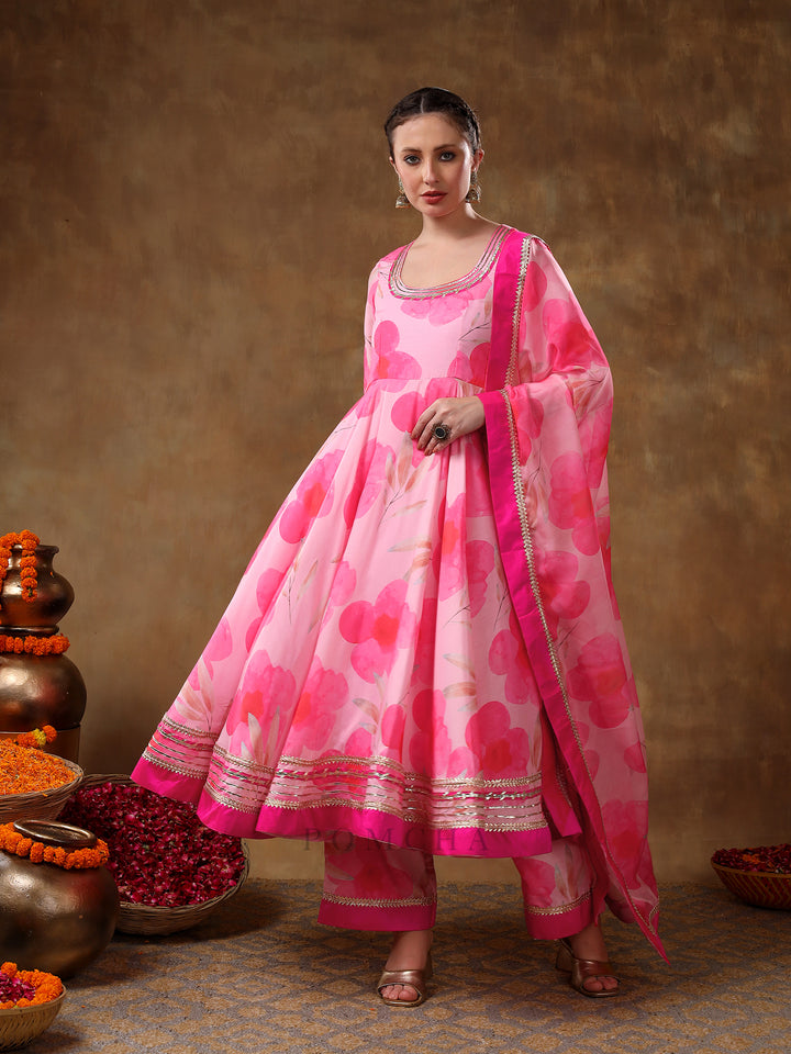 MERAKI FALAK PINK FLORAL GOTTA LACE WORK MUSLIN ANARKALI WITH ORGANZA DUPATTA