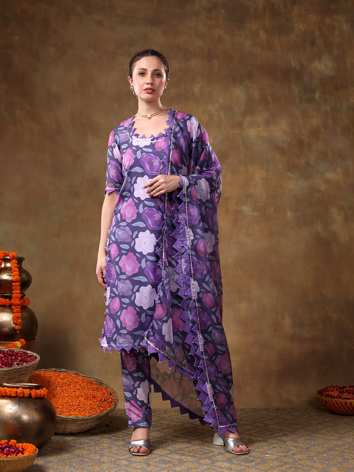 MERAKI GULBANO PURPLE FLORAL PRINT MUSLIN KURTA SET WITH ORGANZA DUPATTA