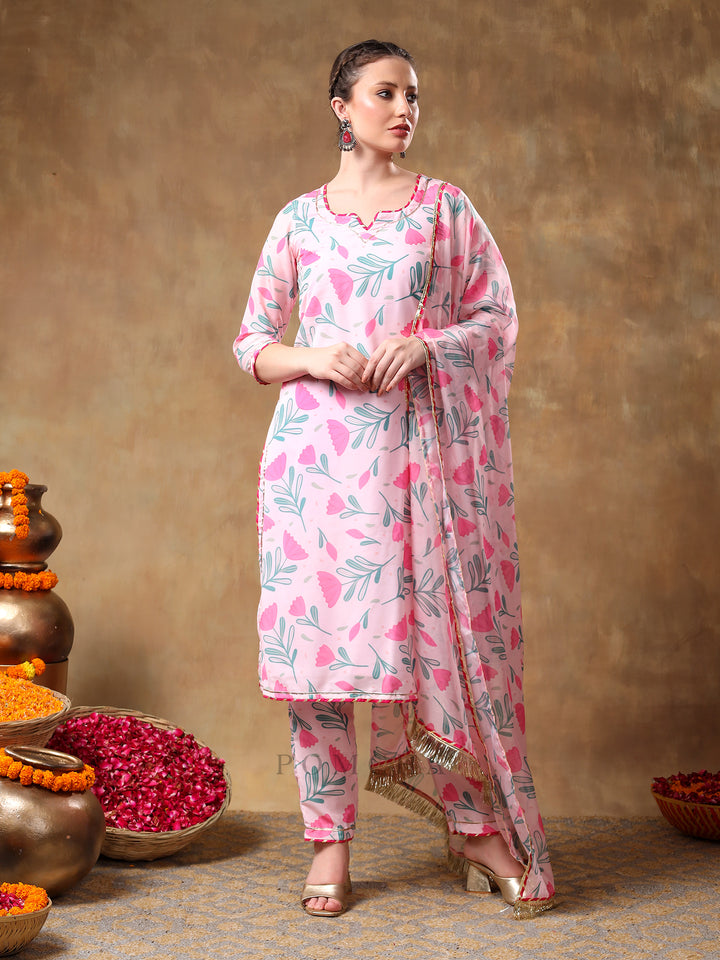 MERAKI AAMIRA PINK FLORAL MUSLIN KURTA SET WITH ORGANZA DUPATTA