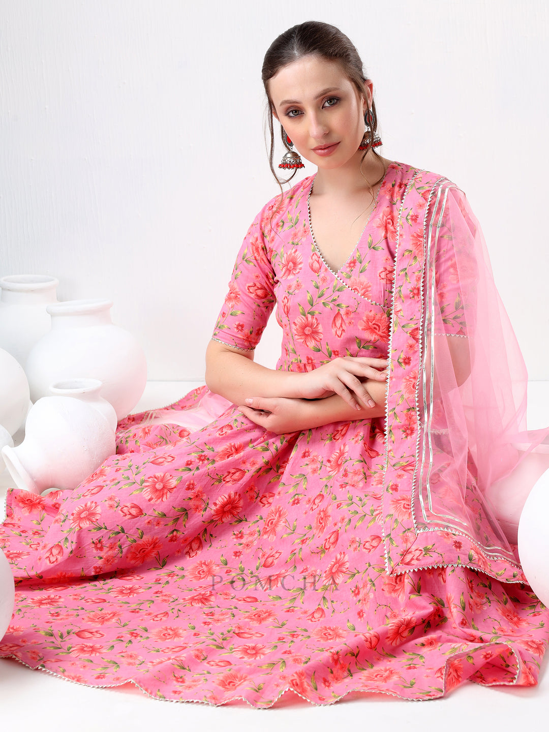 SADABHAR PINK FLORAL PRINT COTTON ANGRAKHA SET