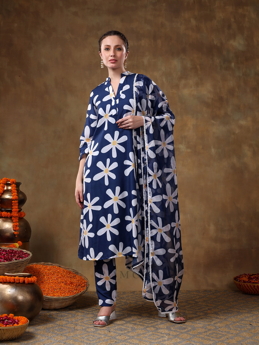 MERAKI  WHITE FLOWER BLUE MUSLIN KURTA SET WITH ORGANZA DUPATTA