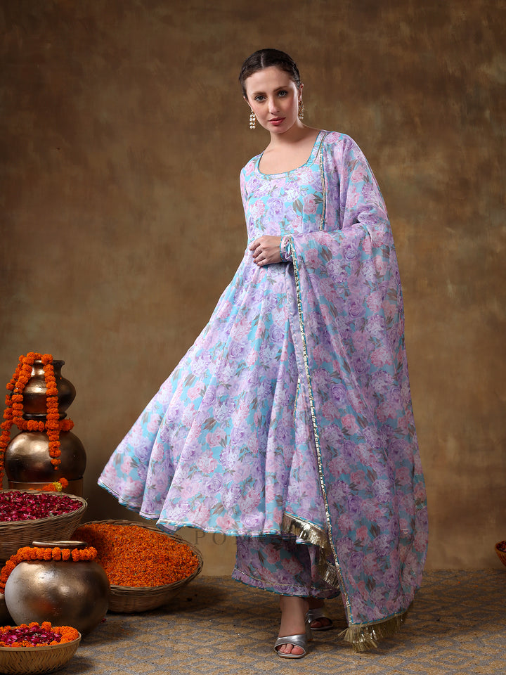 MERAKI JIYA LAVENDER MUSLIN FLORAL PRINT ANARKALI SET WITH ORGANZA DUPATTA