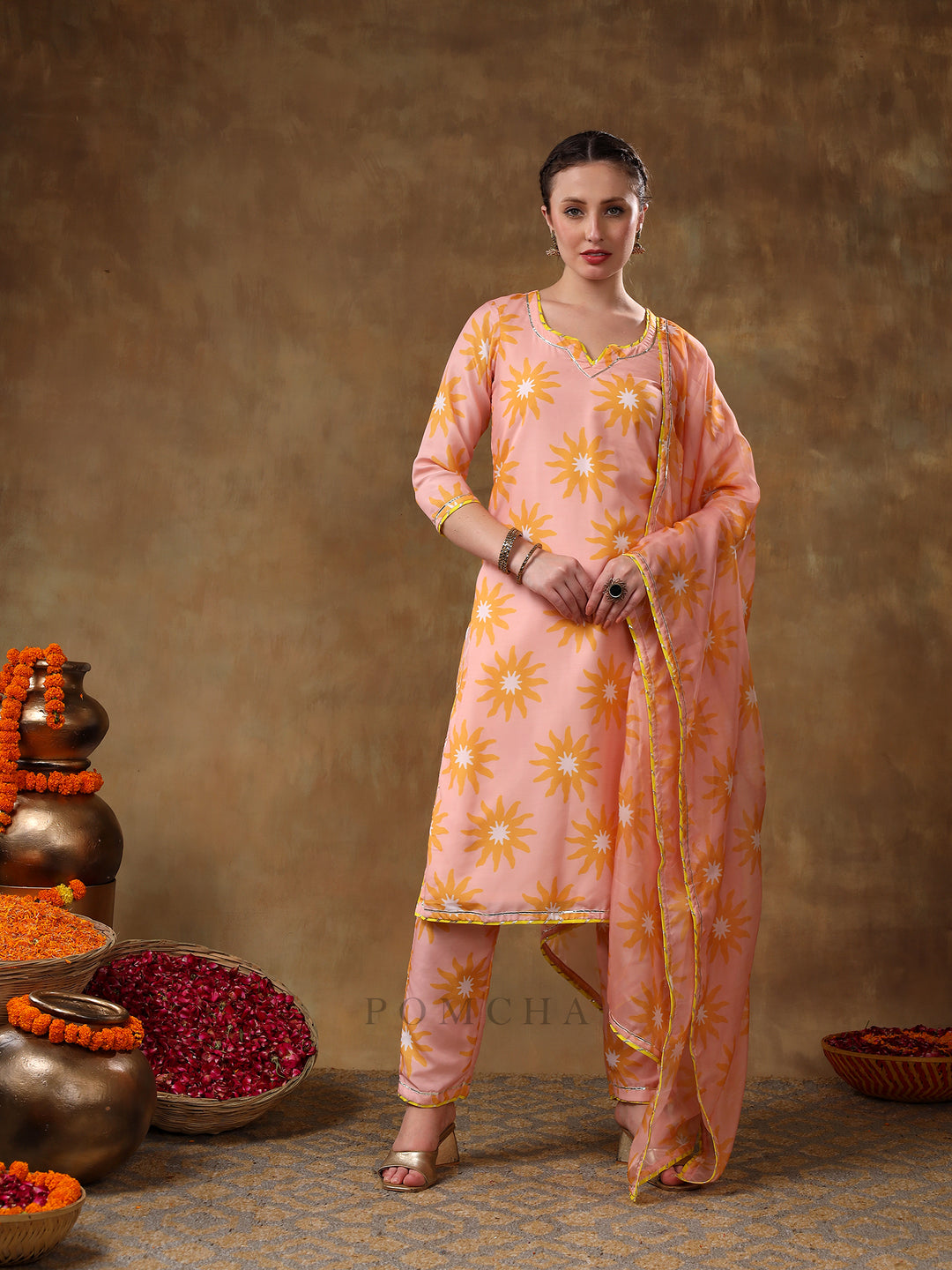 MERAKI NAILA PEACH MUSLIN  PRINTED KURTA SET WITH ORGANZA DUPATTA