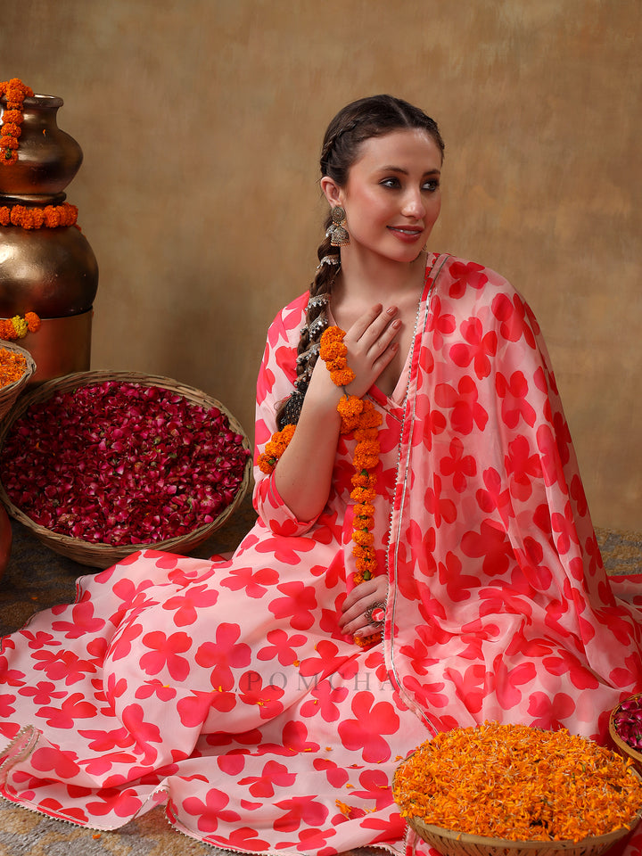 MERAKI ORANGE FLORAL MUSLIN ANARKALI SET WITH ORGANZA DUPATTA