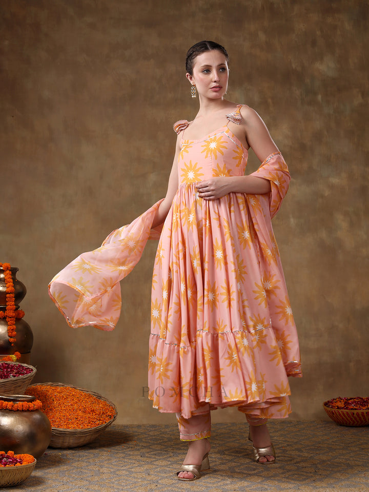 MERAKI JANNAT PEACH FRILL MUSLIN ANARKALI WITH ORGANZA DUPATTA