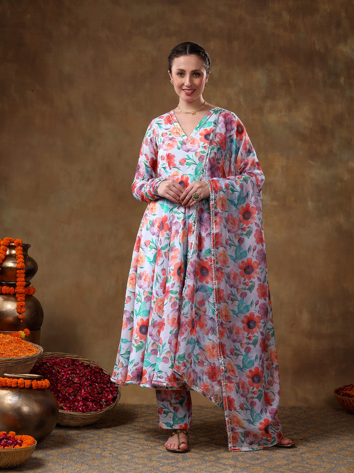 MERAKI ANAM FLORAL PRINT MUSLIN ANARKALI WITH ORGANZA DUPATTA