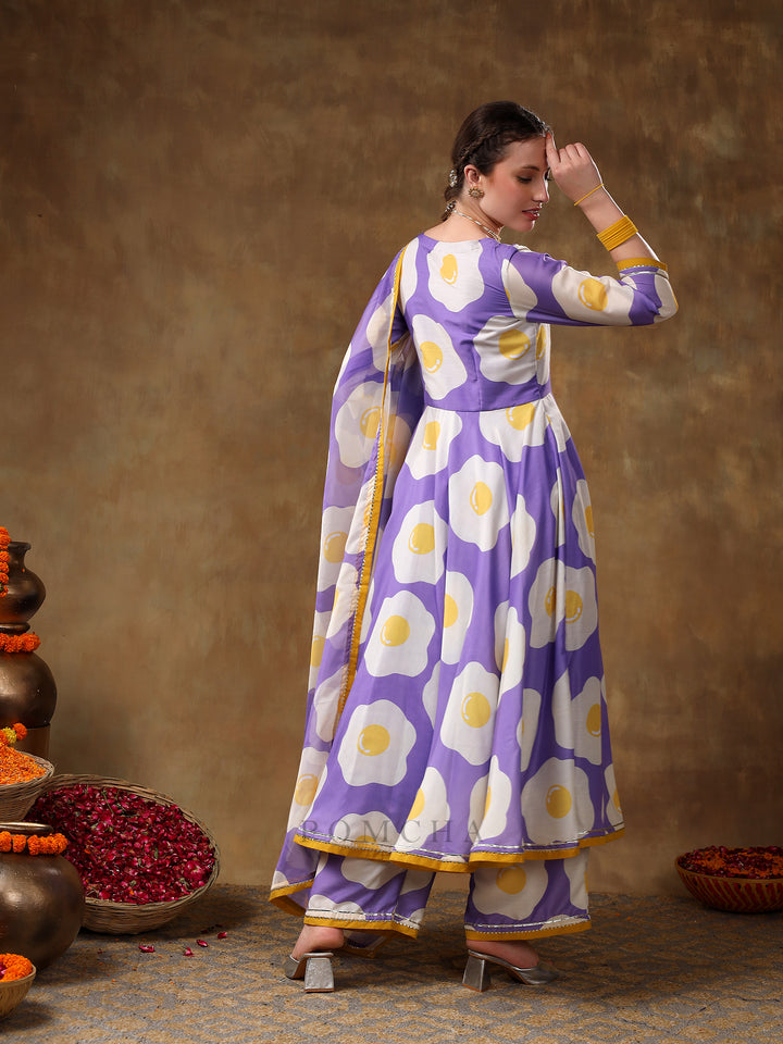 MERAKI EGG PRINTED LAVENDER MUSLIN ANARKALI SET WITH ORGANZA DUPATTA