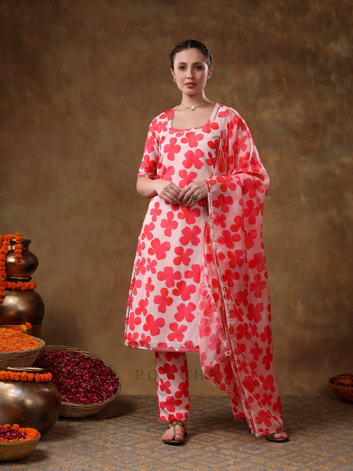 MERAKI ORANGE FLORAL PRINT MUSLIN KURTA SET WITH ORGANZA DUPATTA