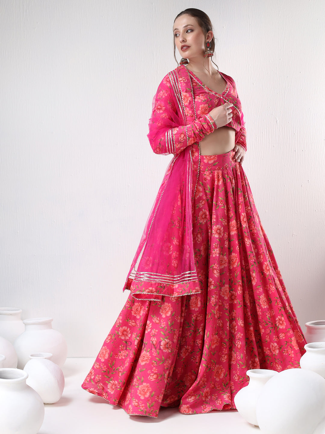 SADABHAR DARK PINK FLORAL PRINT COTTON LEHENGA SET