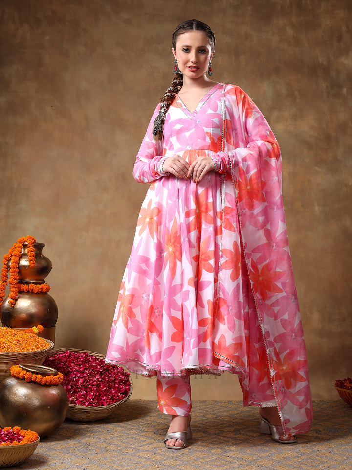 MERAKI PINK FLORAL MUSLIN ANARKALI SET  WITH ORGANZA DUPATTA