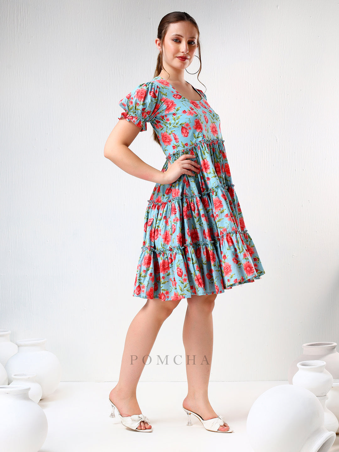 SADABHAR BLUE FLORAL PRINT COTTON TIERED DRESS