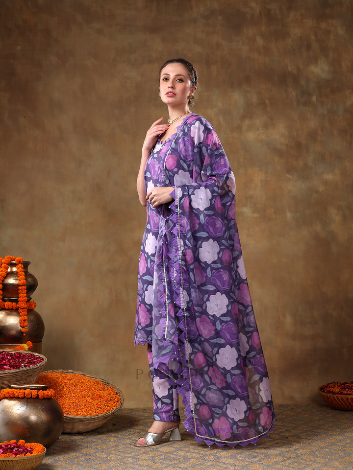 MERAKI GULBANO PURPLE FLORAL PRINT MUSLIN KURTA SET WITH ORGANZA DUPATTA