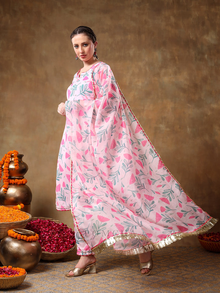 MERAKI AAMIRA PINK FLORAL MUSLIN KURTA SET WITH ORGANZA DUPATTA