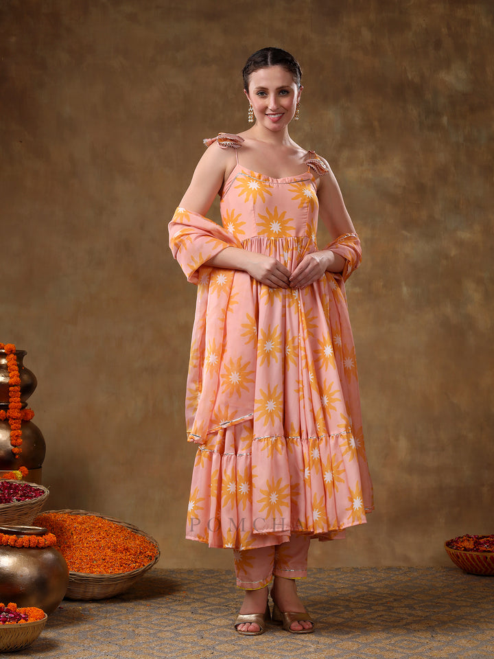 MERAKI JANNAT PEACH FRILL MUSLIN ANARKALI WITH ORGANZA DUPATTA