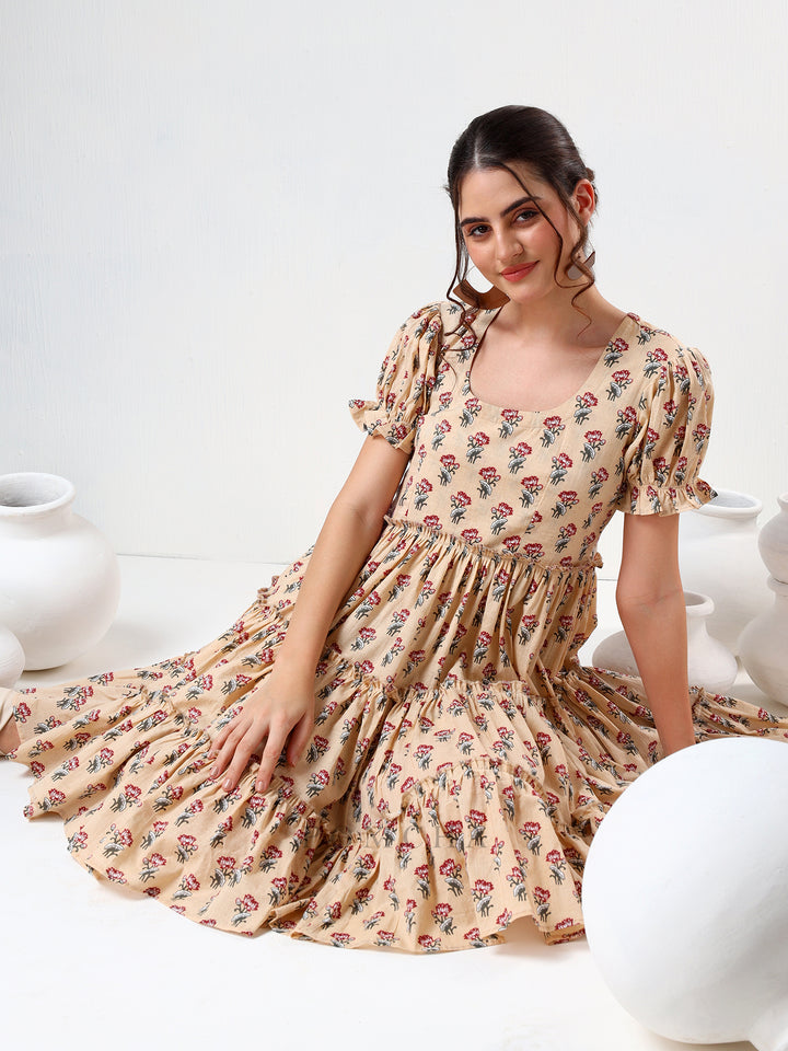 SADABHAR SAND FLORAL PRINT COTTON TIERED DRESS