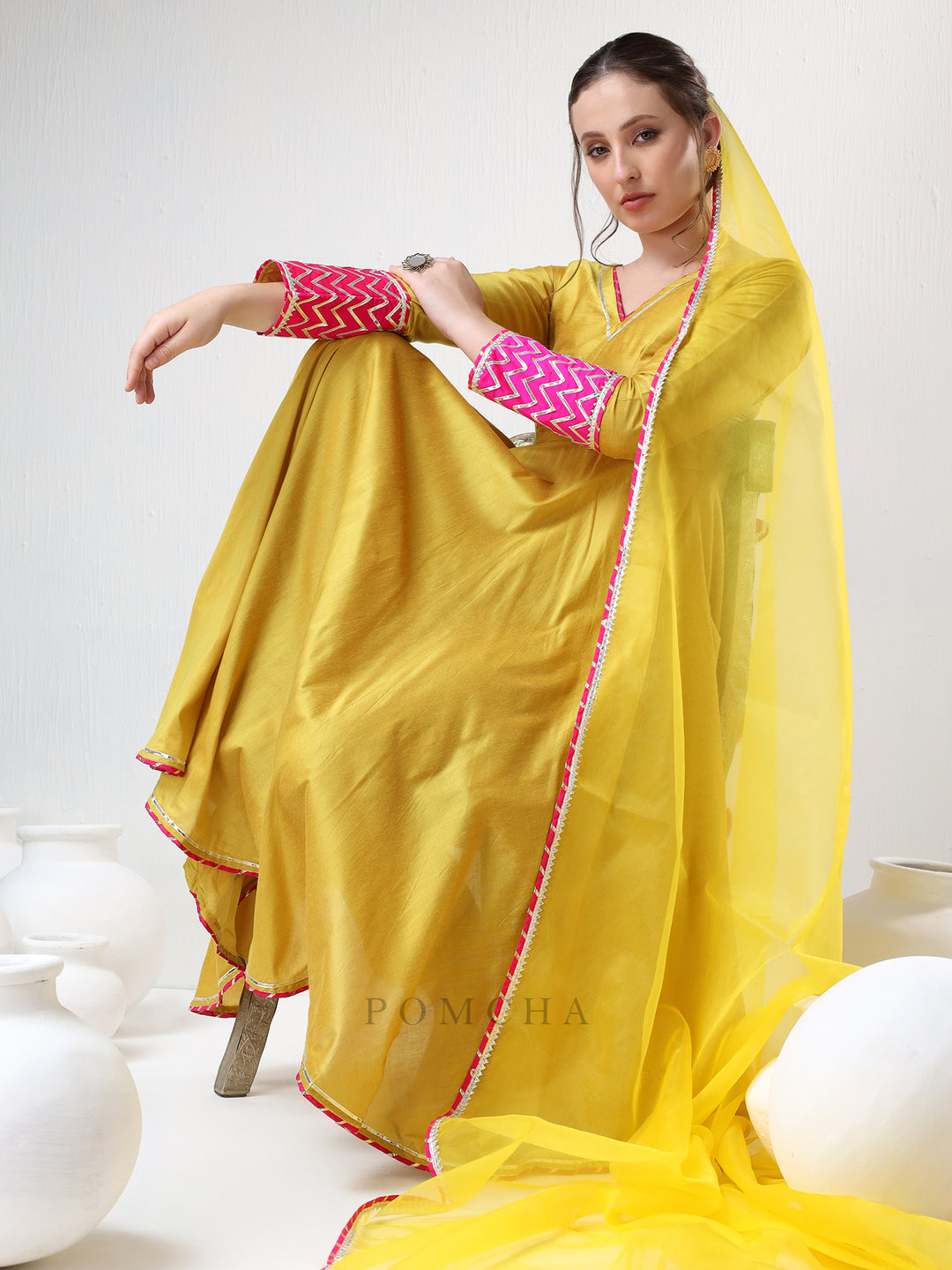 SADABHAR YELLOW COTTON SILK GOTTA WORK ANARKALI SET