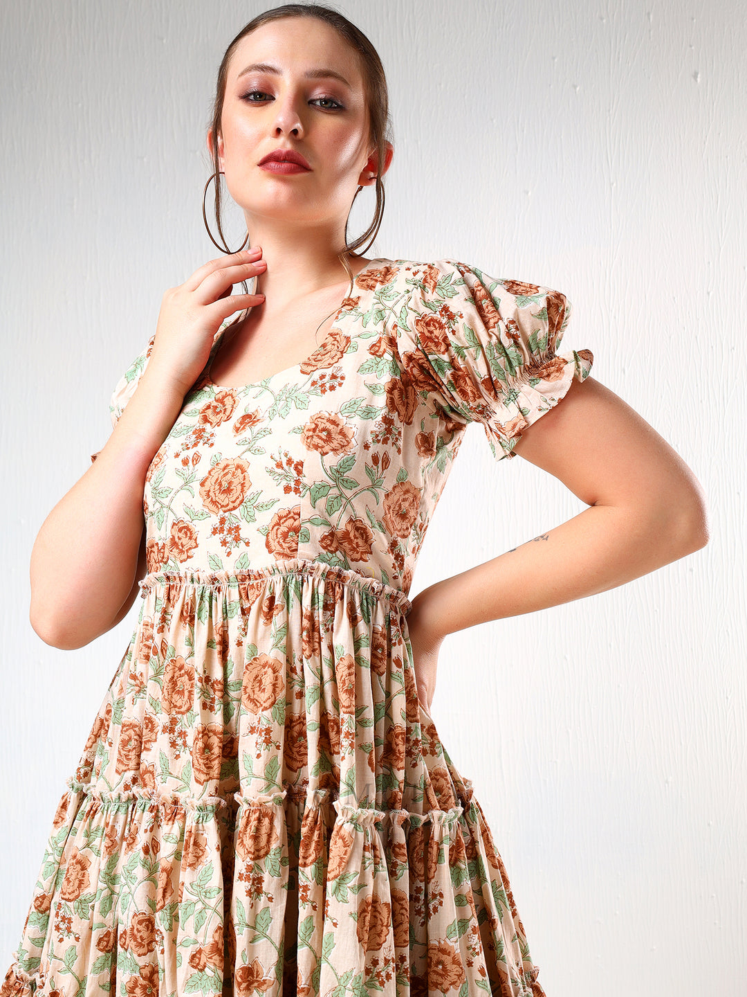 SADABHAR LIGHT BROWN FLORAL PRINT COTTON TIERED DRESS