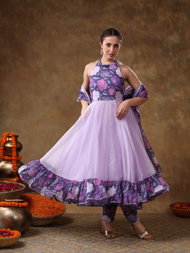 MERAKI VEENA LAVENDER MUSLIN ANARKALI WITH ORGANZA DUPATTA