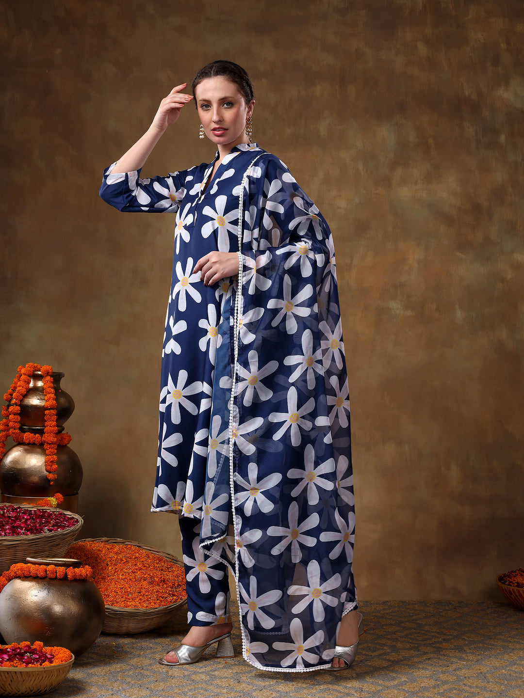 MERAKI  WHITE FLOWER BLUE MUSLIN KURTA SET WITH ORGANZA DUPATTA