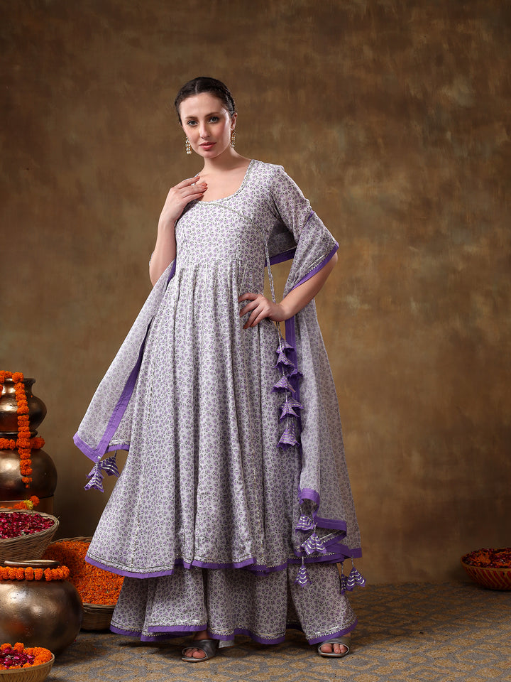 MERAKI ZEENAT LAVENDER FLORAL PRINT MUSLIN ANGRAKHA  AND PLAZO SET WITH ORGANZA DUPATTA