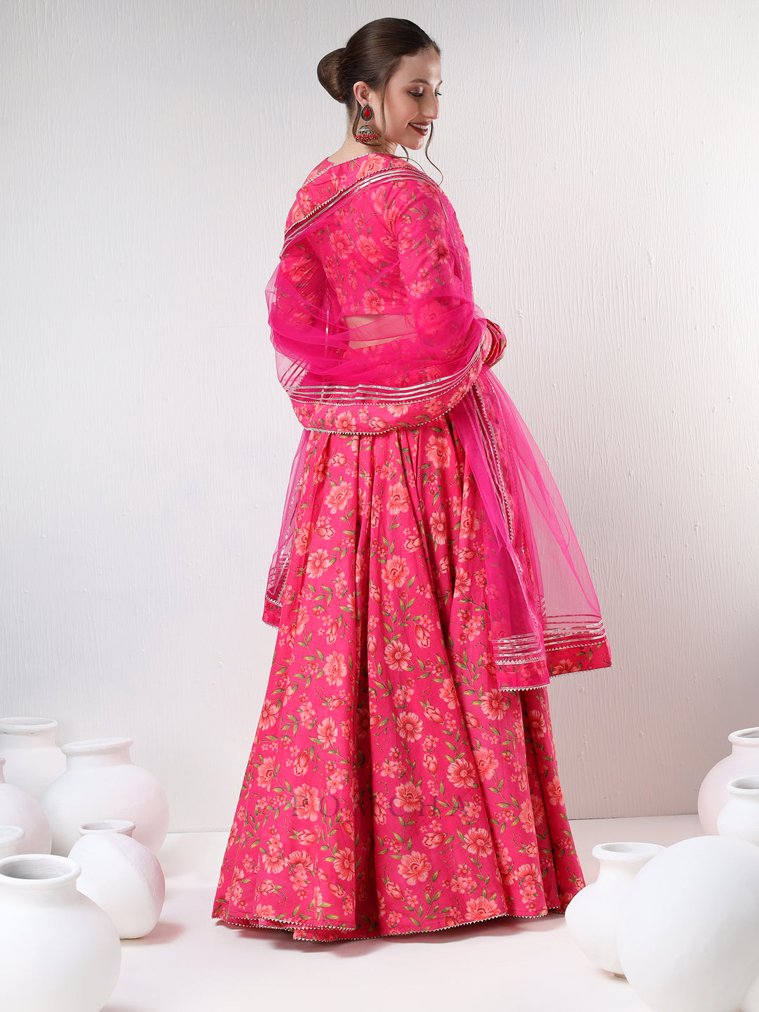 SADABHAR DARK PINK FLORAL PRINT COTTON LEHENGA SET