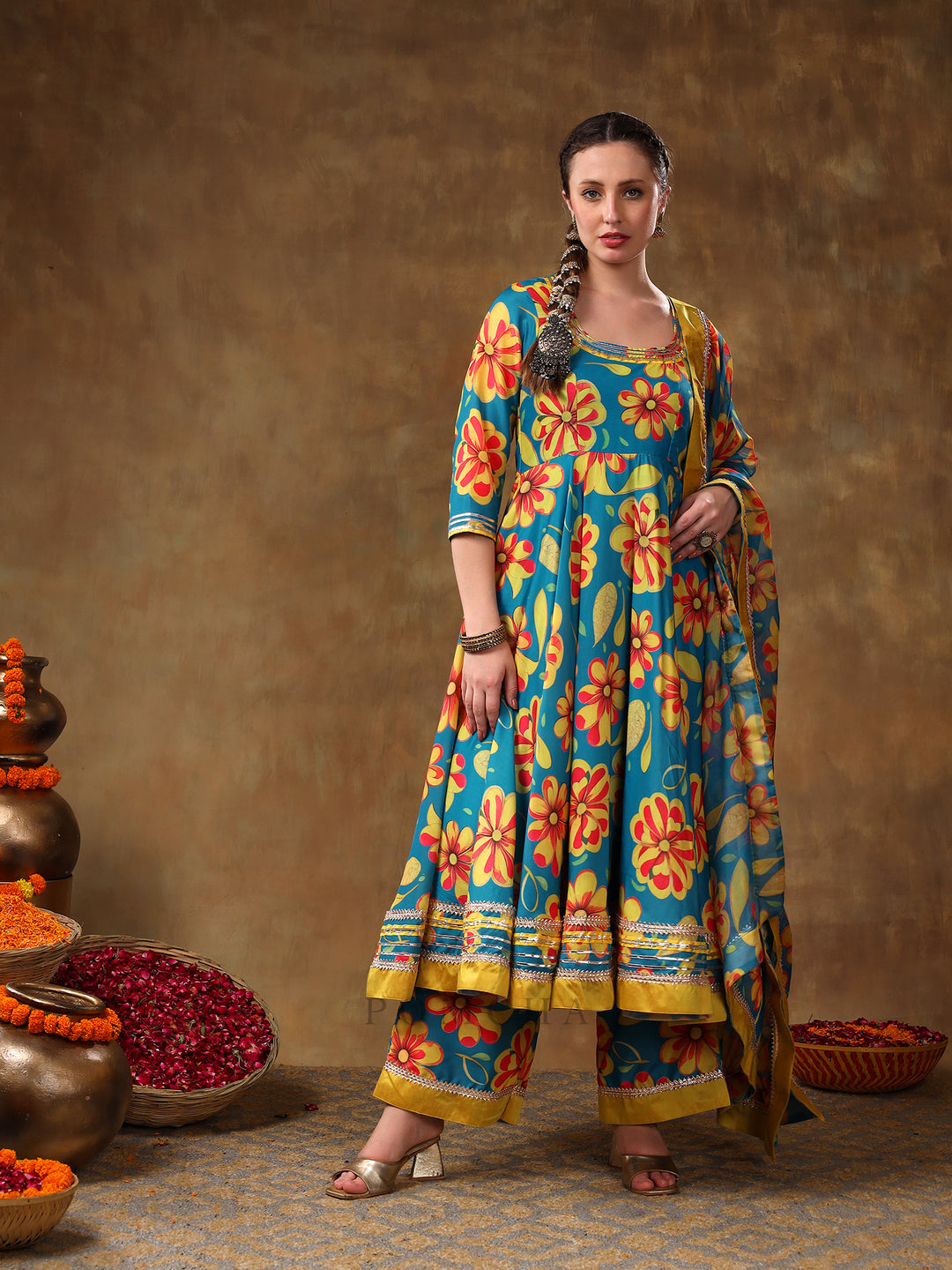 MERAKI YELLOW FLOWER BLUE MUSLIN ANARKALI SET WITH ORGANZA DUPATTA