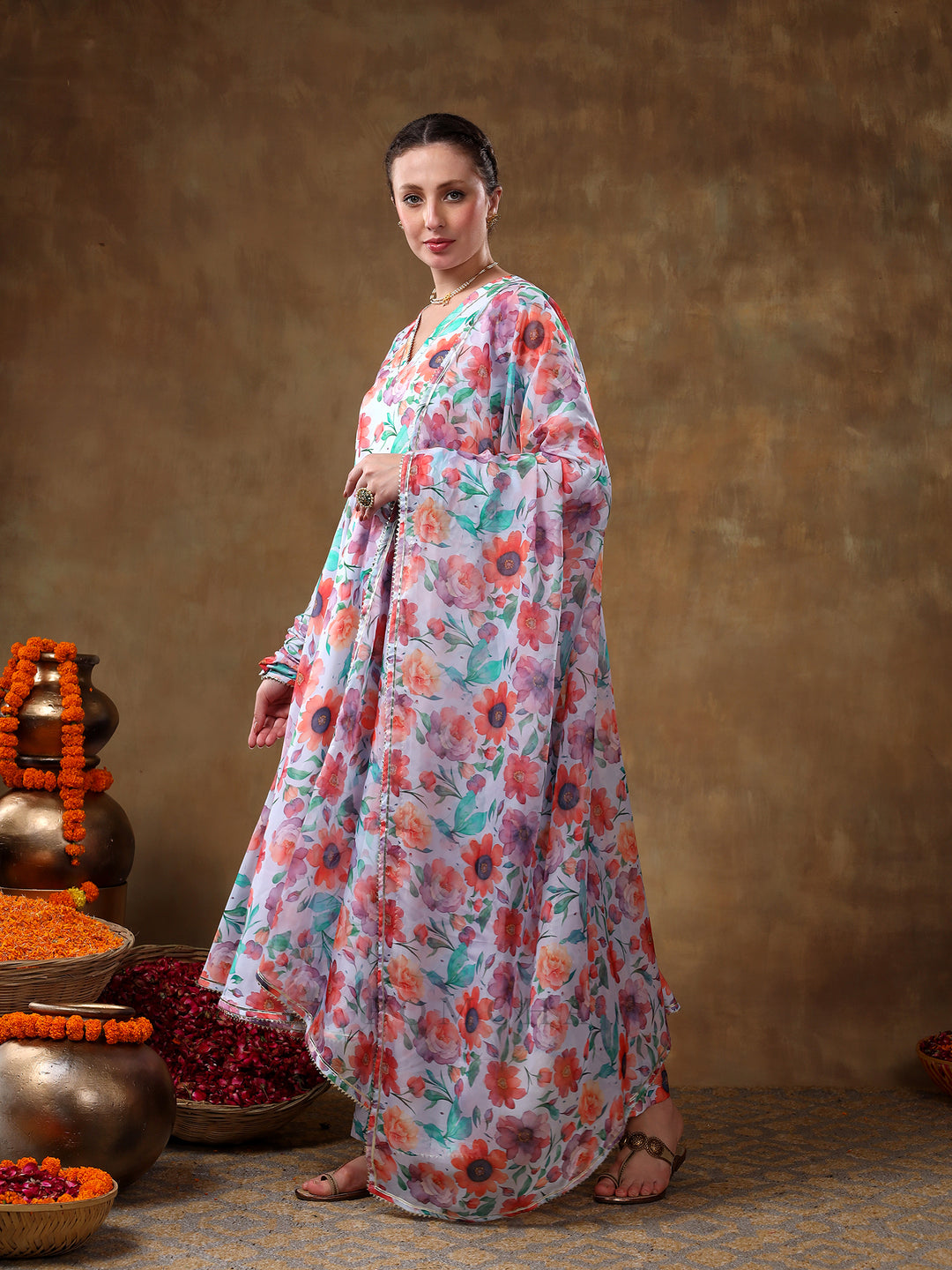 MERAKI ANAM FLORAL PRINT MUSLIN ANARKALI WITH ORGANZA DUPATTA