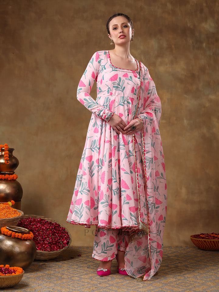 MERAKI AAMIRA PINK FLORAL MUSLIN PRINTED ANARKALI  SET WITH ORGANZA DUPATTA