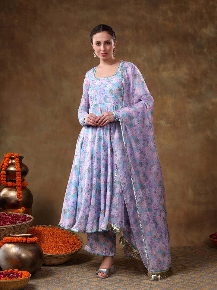 MERAKI JIYA LAVENDER MUSLIN FLORAL PRINT ANARKALI SET WITH ORGANZA DUPATTA