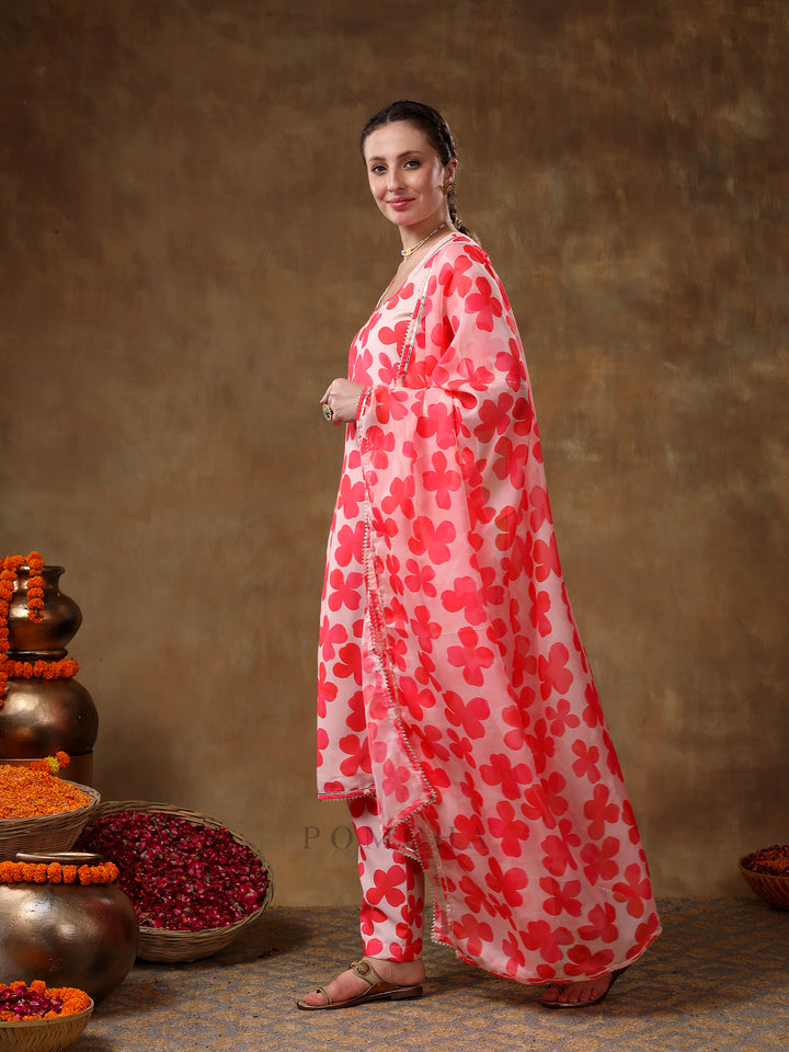 MERAKI ORANGE FLORAL PRINT MUSLIN KURTA SET WITH ORGANZA DUPATTA