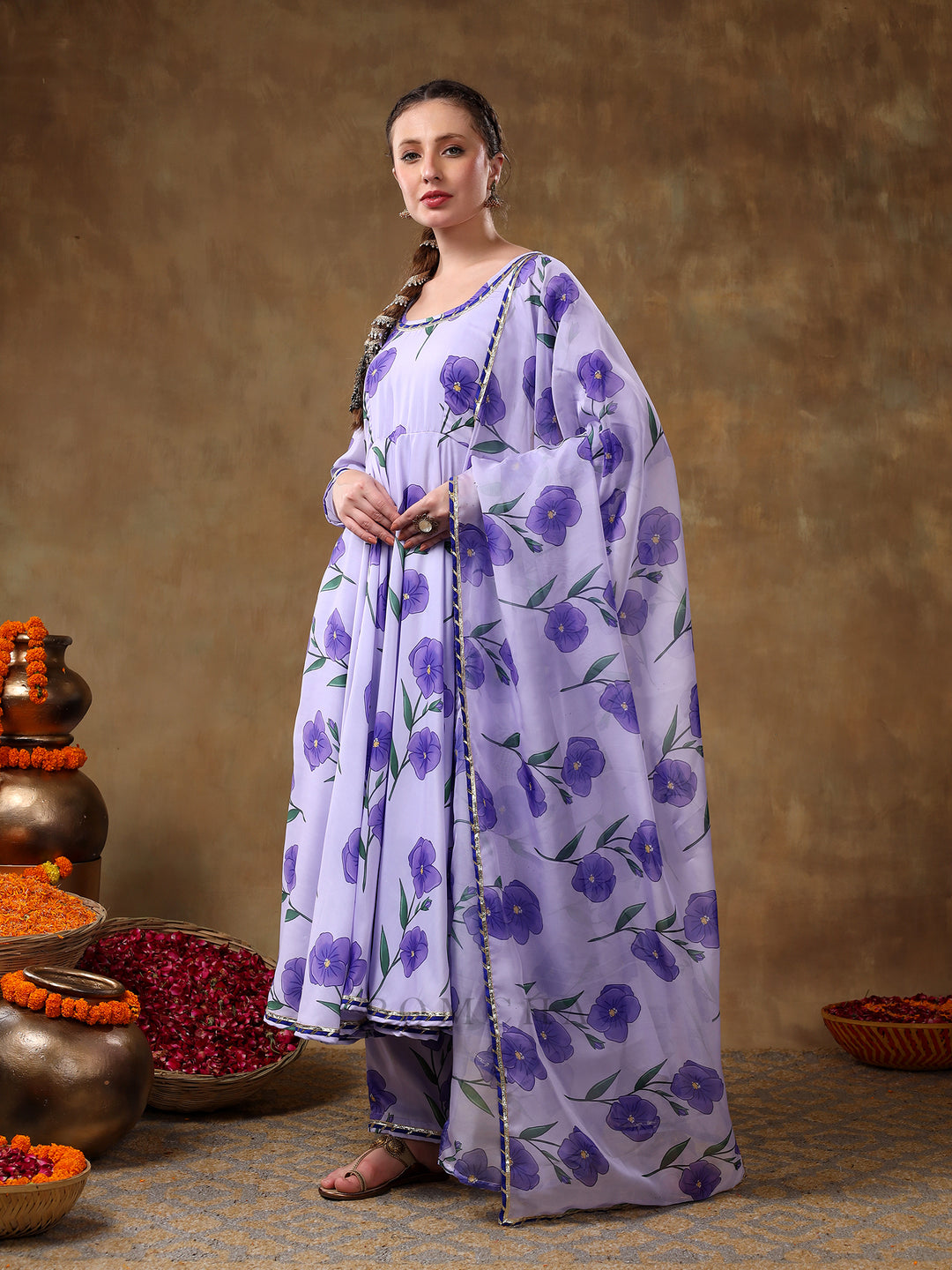 MERAKI FIDA PURPLE MUSLIN ANARKALI WITH ORGANZA DUPATTA