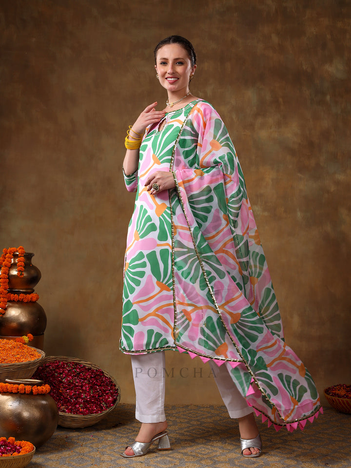 MERAKI OMERA PINK FLORAL PRINT MUSLIN KURTA SET WITH ORGANZA DUPATTA