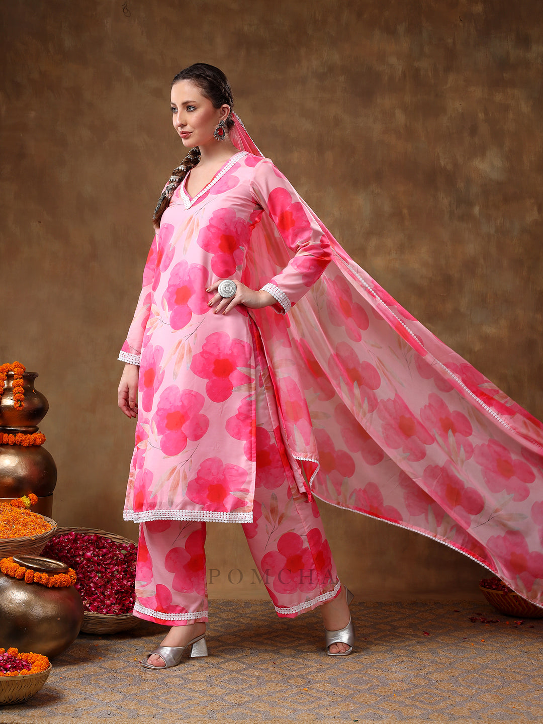 MERAKI MAYA FLORAL PINK MUSLIN KURTA SET WITH ORGANZA DUPATTA