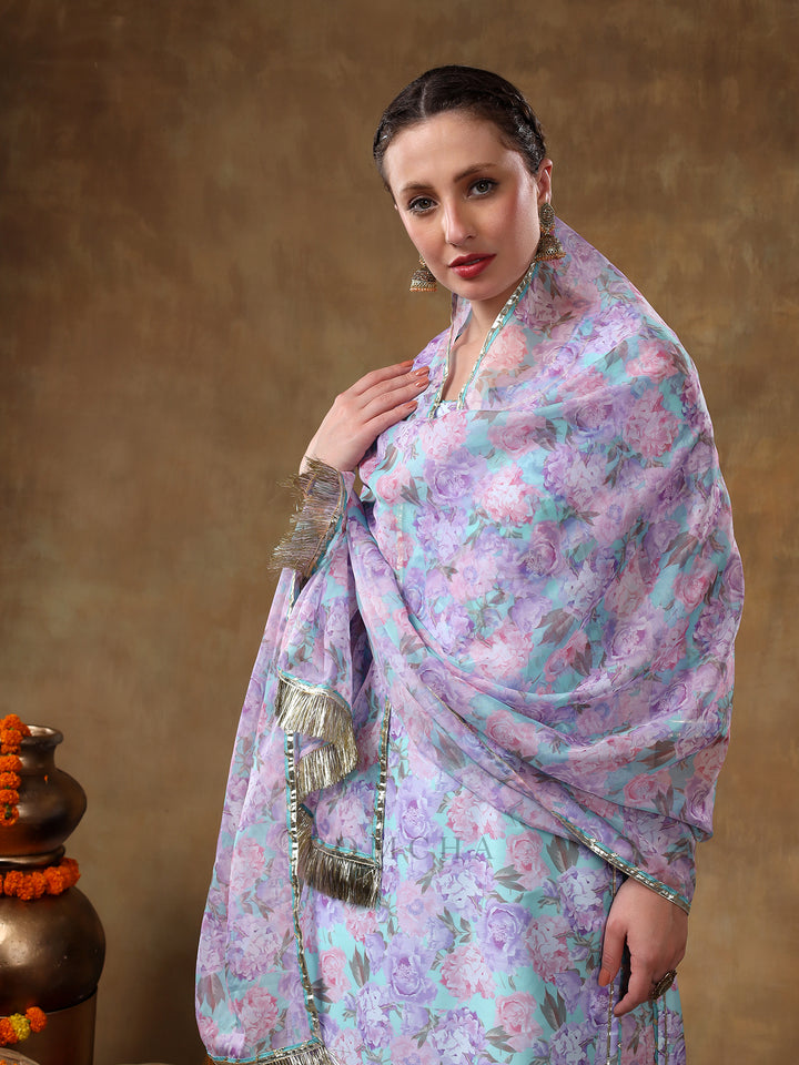 MERAKI JIYA LAVENDER FLORAL KURTA SET WITH ORGANZA DUPATTA