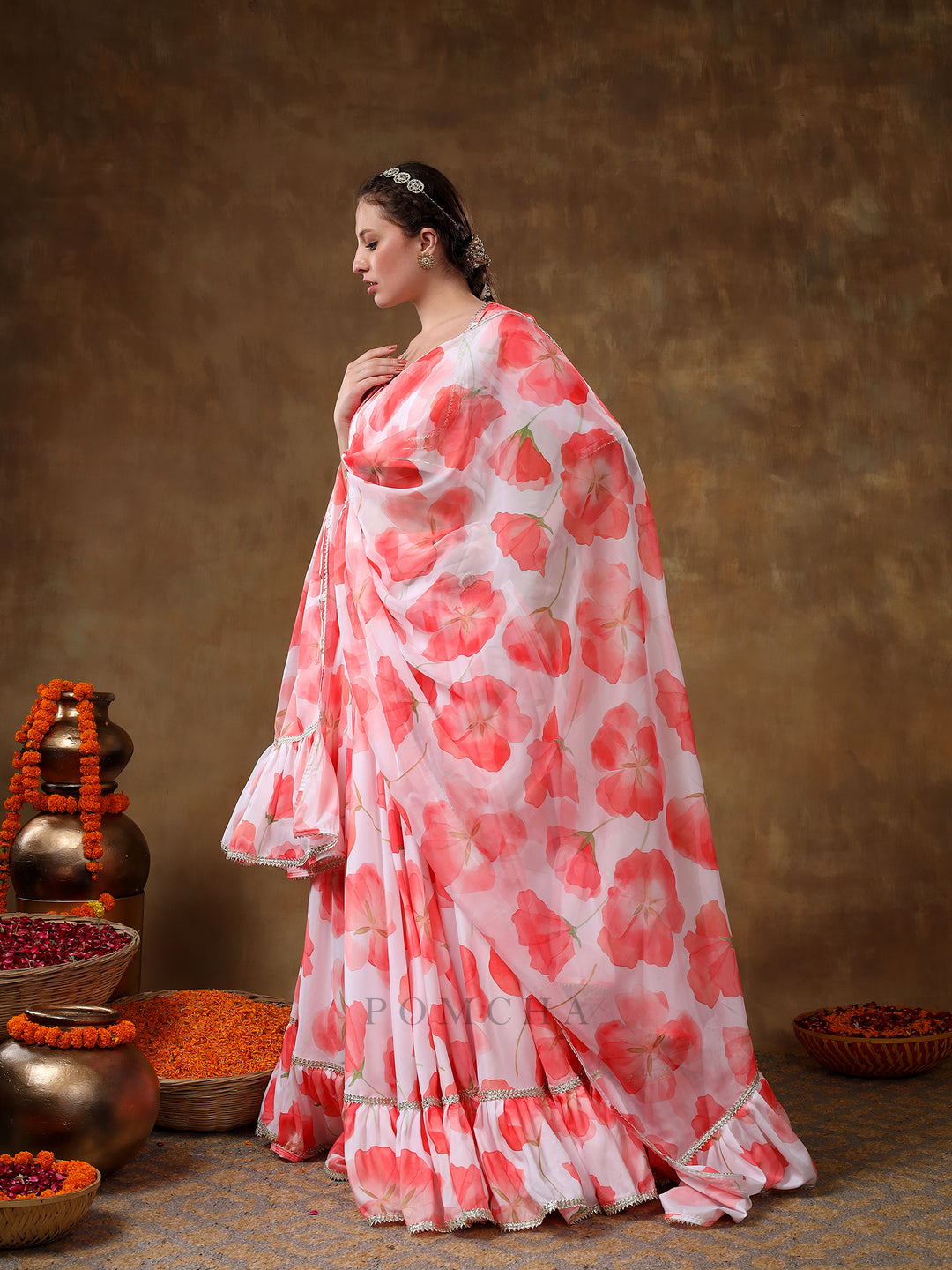 MERAKI ORANGE FLOWER PRINTED MUSLIN GOTTA LACE WORK LEHENGA WITH ORGANZA DUPATTA