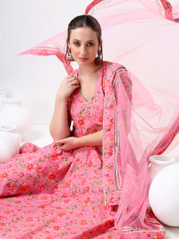 SADABHAR PINK FLORAL PRINT COTTON ANGRAKHA SET