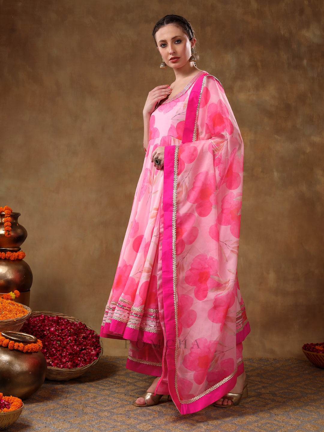 MERAKI FALAK PINK FLORAL GOTTA LACE WORK MUSLIN ANARKALI WITH ORGANZA DUPATTA