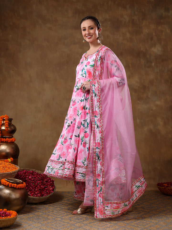 MERAKI NOOR PINK FLORAL MUSLIN GOTTA WORK ANARKALI SET WITH ORGANZA DUPATTA