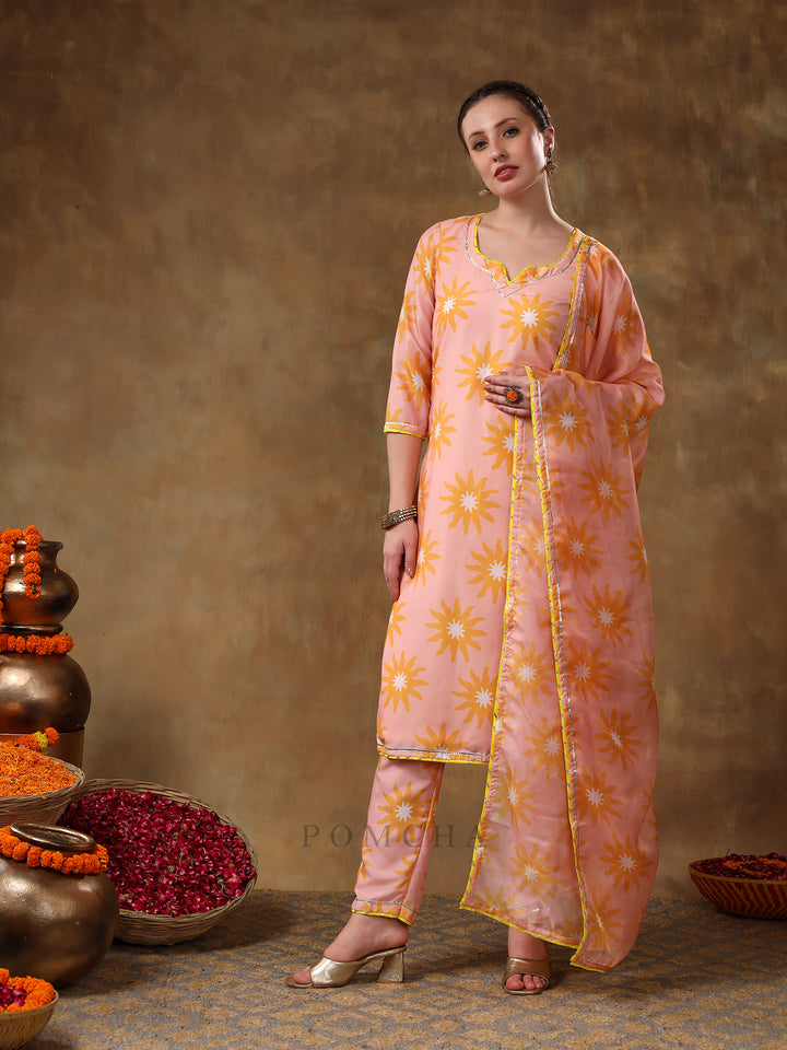 MERAKI NAILA PEACH MUSLIN  PRINTED KURTA SET WITH ORGANZA DUPATTA